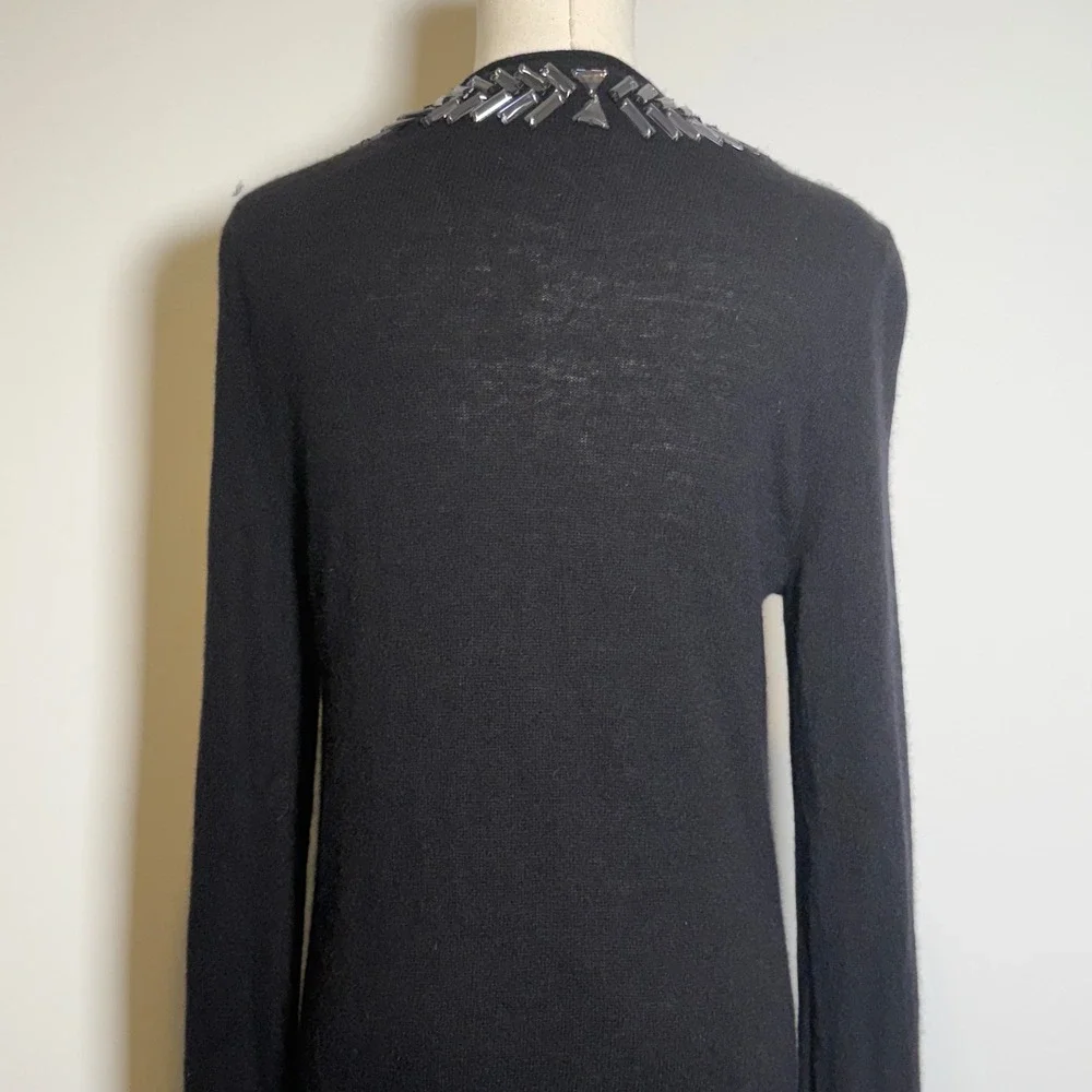 Tory Burch Black Wool Beaded Tunic Sweater Split Neck Baguette Beads Medium